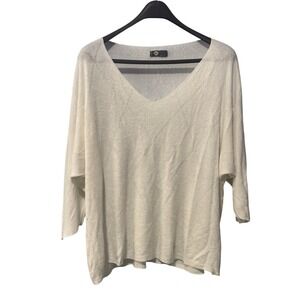 Made in Italy White Diamond Textured V-Neck Knit Sweater Womens L Dolman Sleeve